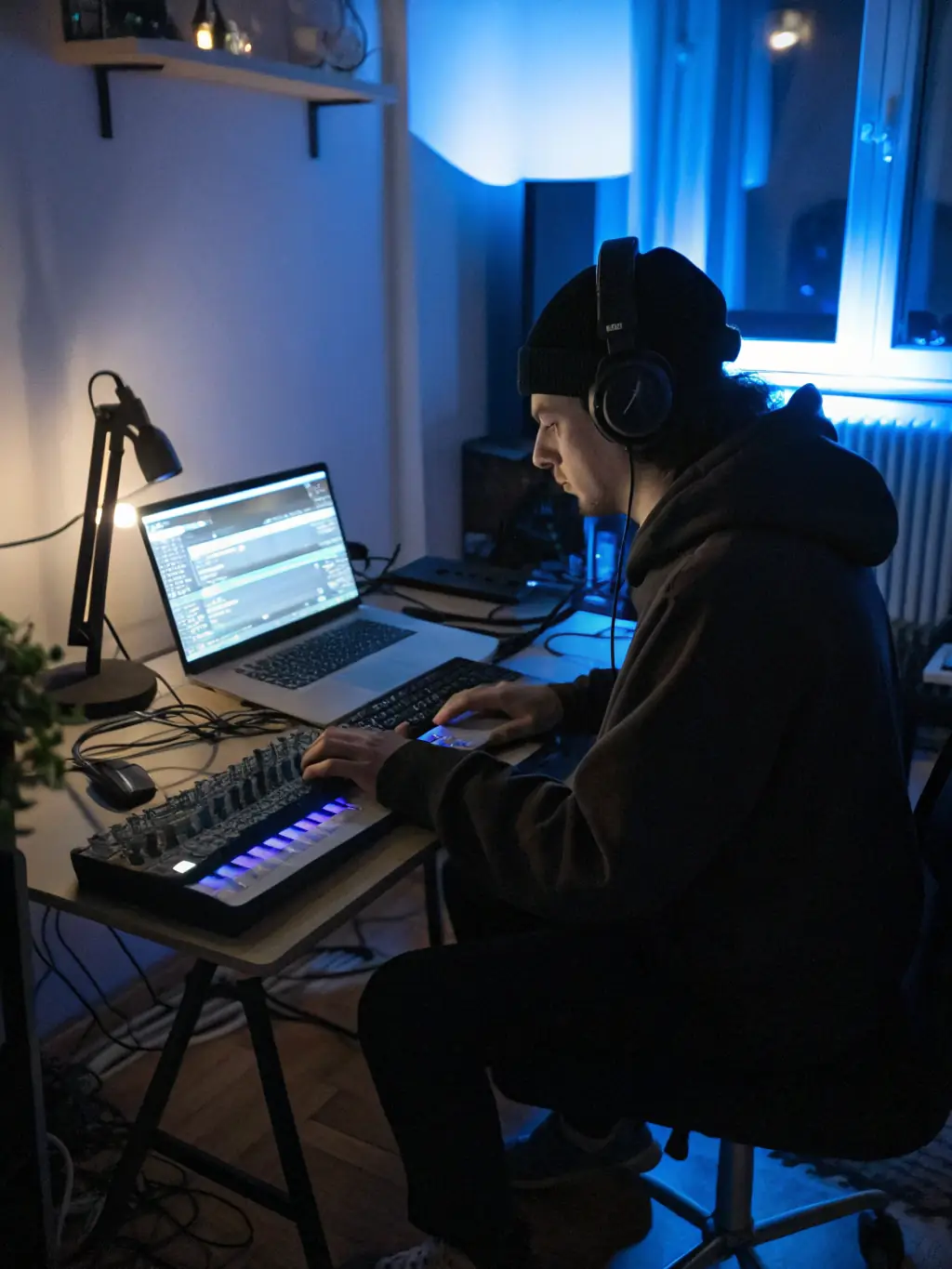 A student composing music using a digital audio workstation, showcasing creativity and the integration of technology in music education.