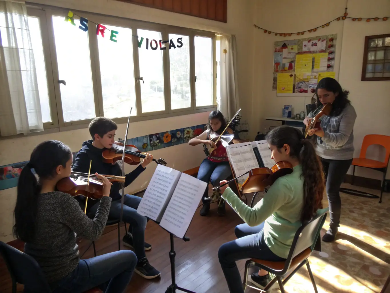 An image of a string ensemble rehearsing, showcasing a variety of instruments such as violins, cellos, and violas, with sheet music visible.