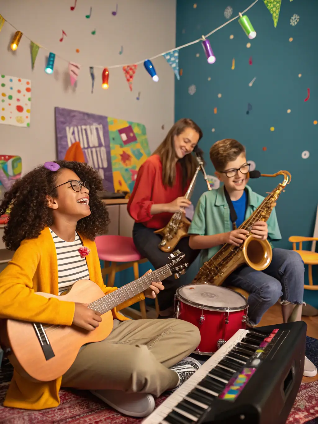An image of young musicians practicing together in a band setting, showcasing teamwork and musical collaboration at AVENIR DE DONZENAC.