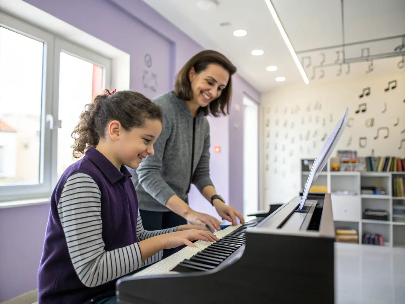A group of young students enthusiastically participating in a beginner's piano lesson, with a focus on their attentive faces and the instructor's guidance.